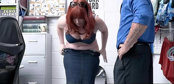  Busty redhead MILF shoplifter Amber Dawn got caught so she spreads her MILF pussy and pay for sex with the security officer.
